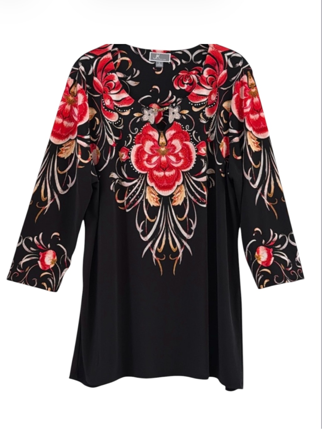 Jm Collection Black Red Floral Tunic Blouse Rhinestone Accents Size L
